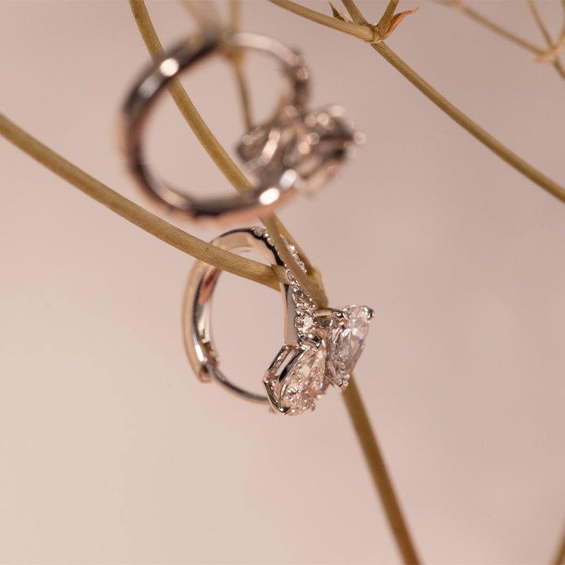 18K White Gold Pear Cut & Round Lab Diamond Huggie Earrings - FIORESE JEWELRY