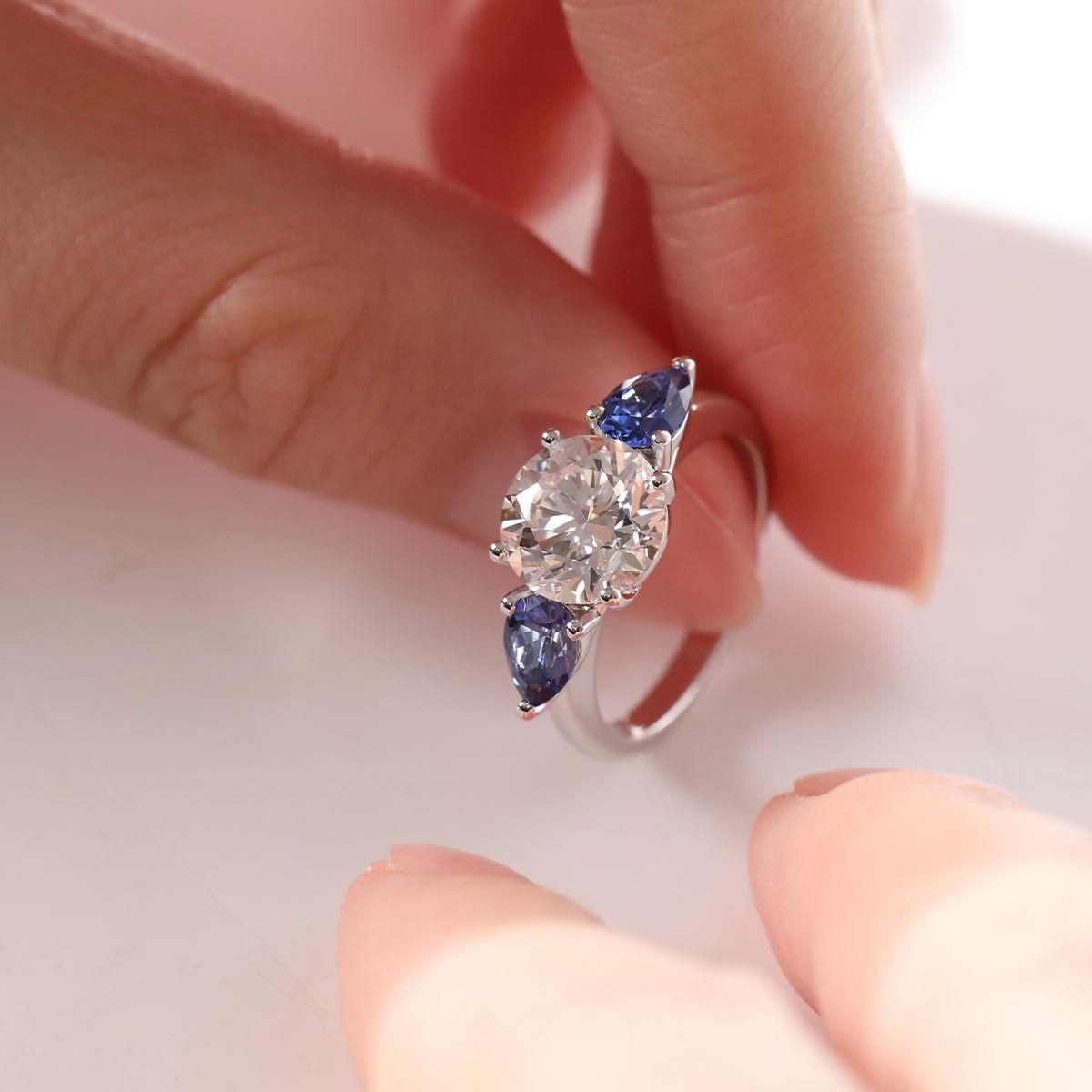 18K White Gold Round Lab Diamond Pear Sapphire Three Stone Ring - FIORESE JEWELRY