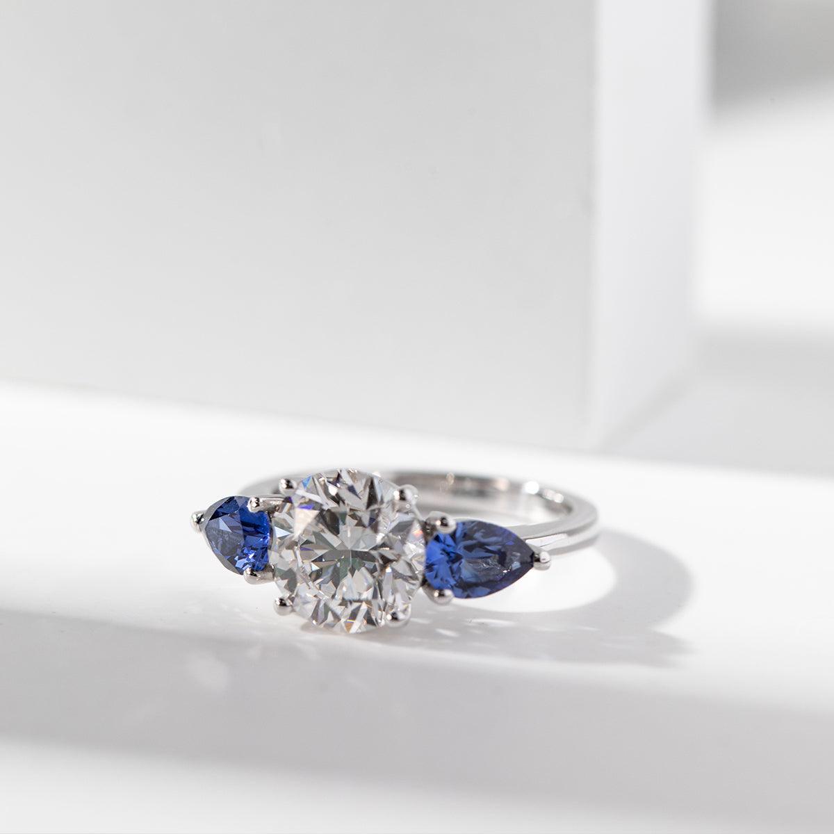 18K White Gold Round Lab Diamond Pear Sapphire Three Stone Ring - FIORESE JEWELRY
