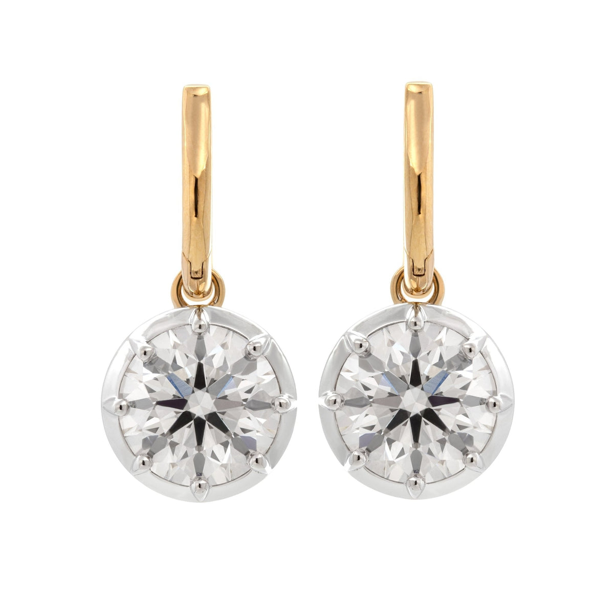 18K Yellow and White Gold 6 ct tw Round Cut Diamond Bezel Hoop Earrings - FIORESE JEWELRY
