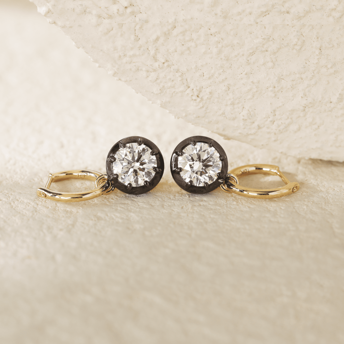 18K Yellow and White Gold with Black Rhodium Plated 2 ct tw Round Cut Diamond Bezel Hoop Earrings - FIORESE JEWELRY