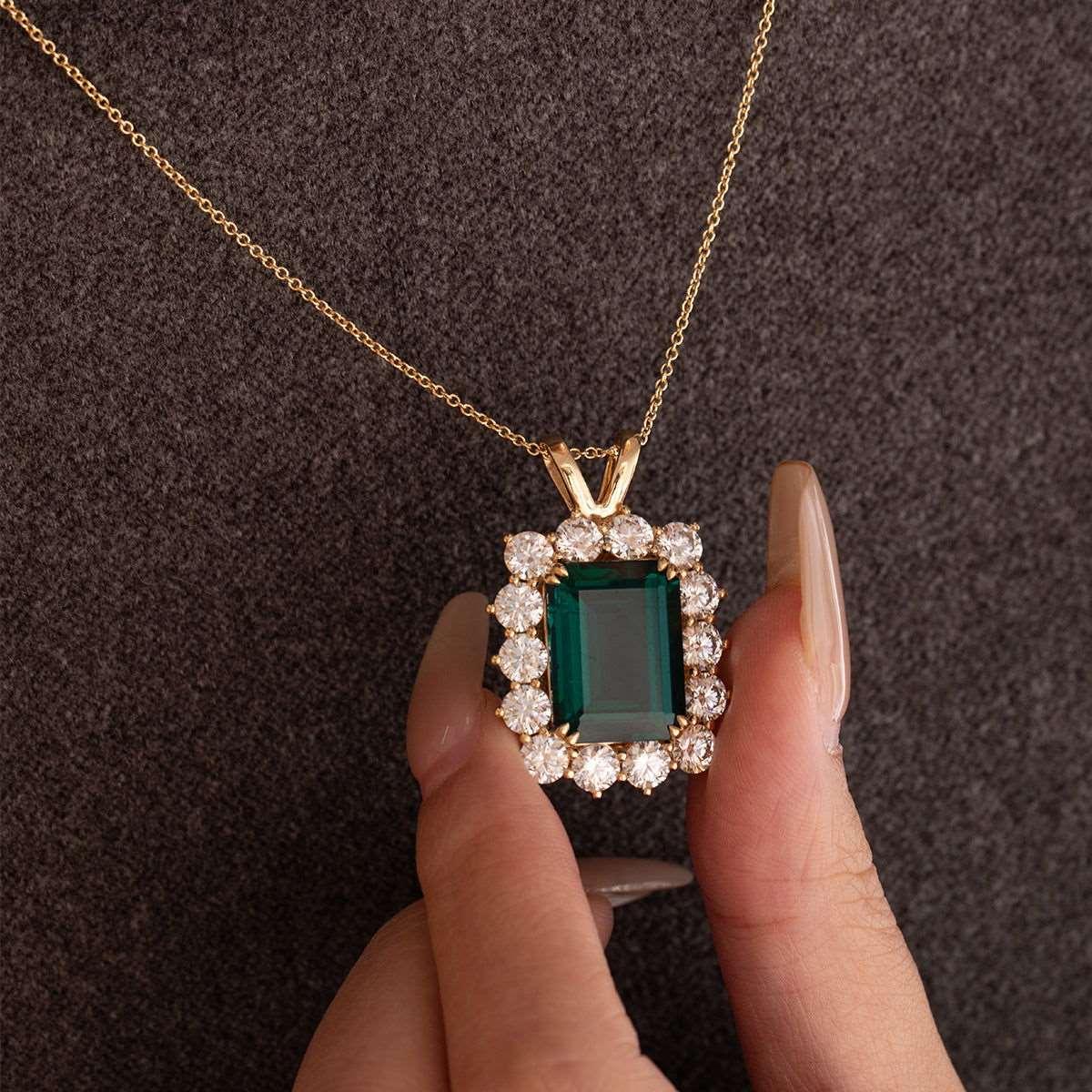 18K Yellow Gold 11ct Emerald Cut Lab Zambian Emerald Halo Pendant Necklace - FIORESE JEWELRY