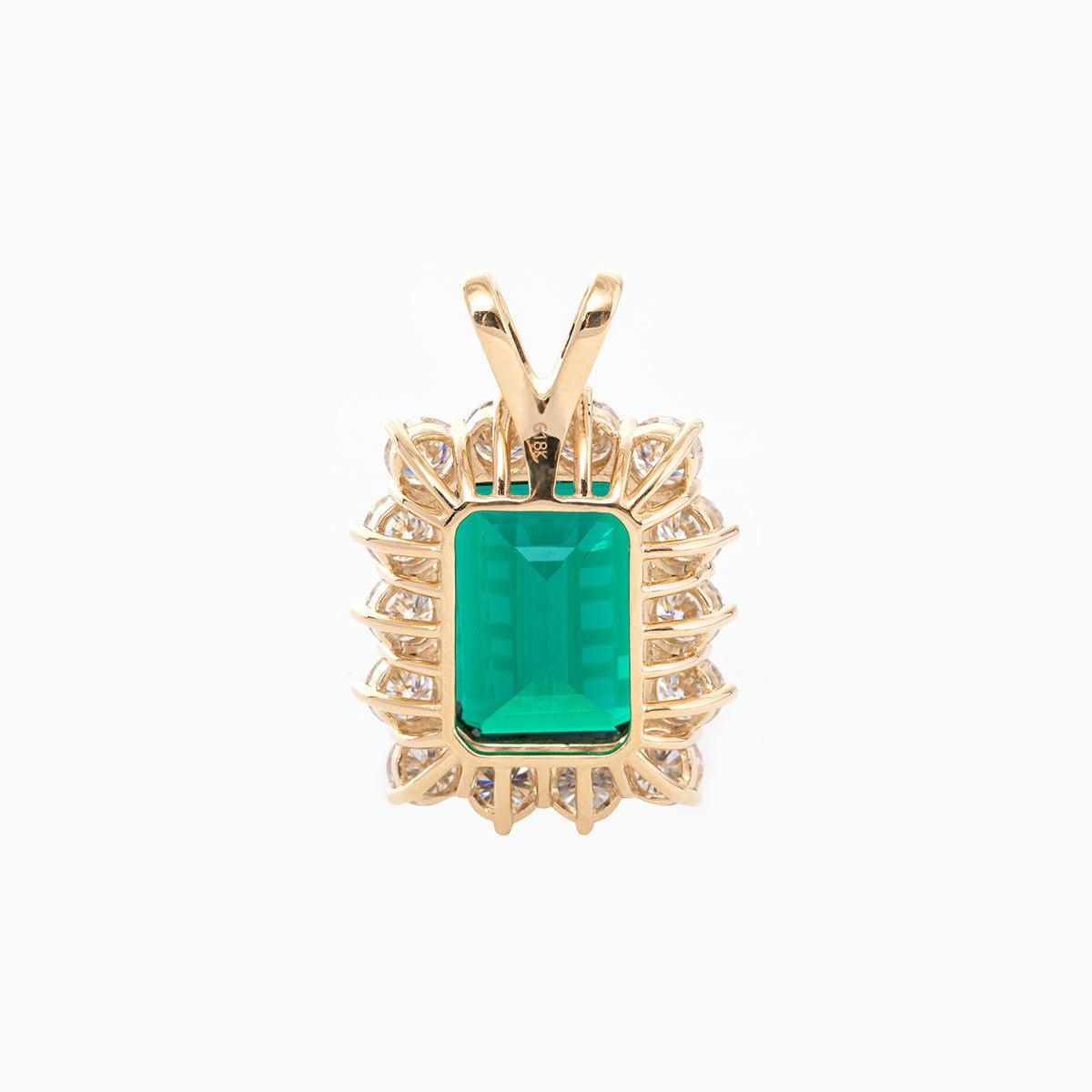18K Yellow Gold 11ct Emerald Cut Lab Zambian Emerald Halo Pendant Necklace - FIORESE JEWELRY