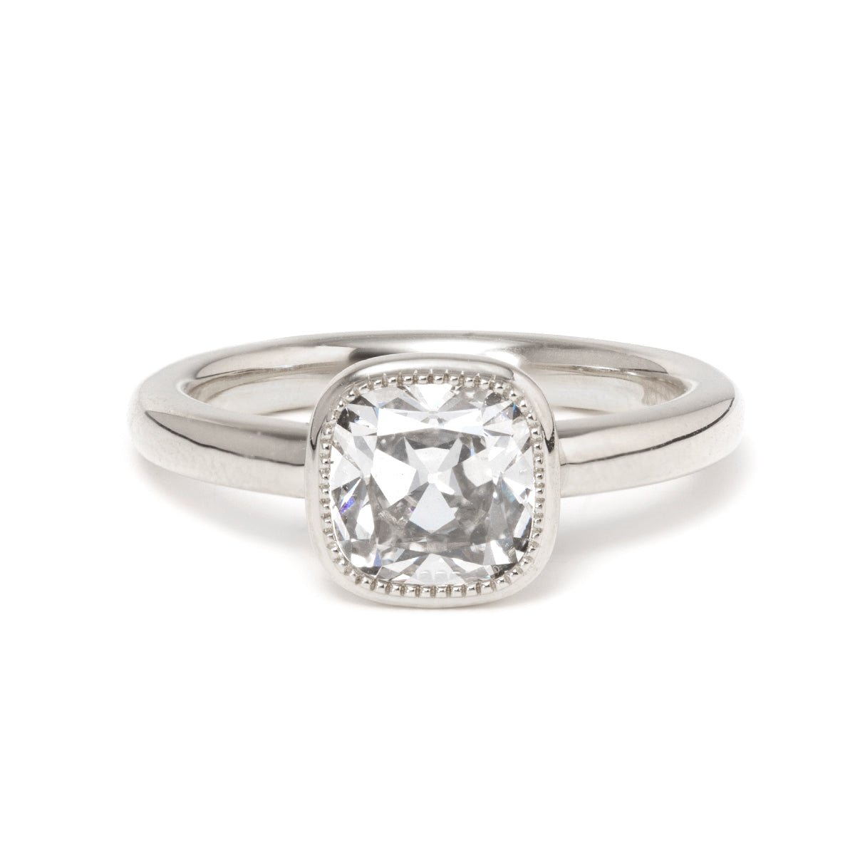 18K Yellow Gold 1.5ct Old Mine Cut Antique Lab Diamond Milligrain Bezel Solitaire Ring - FIORESE JEWELRY