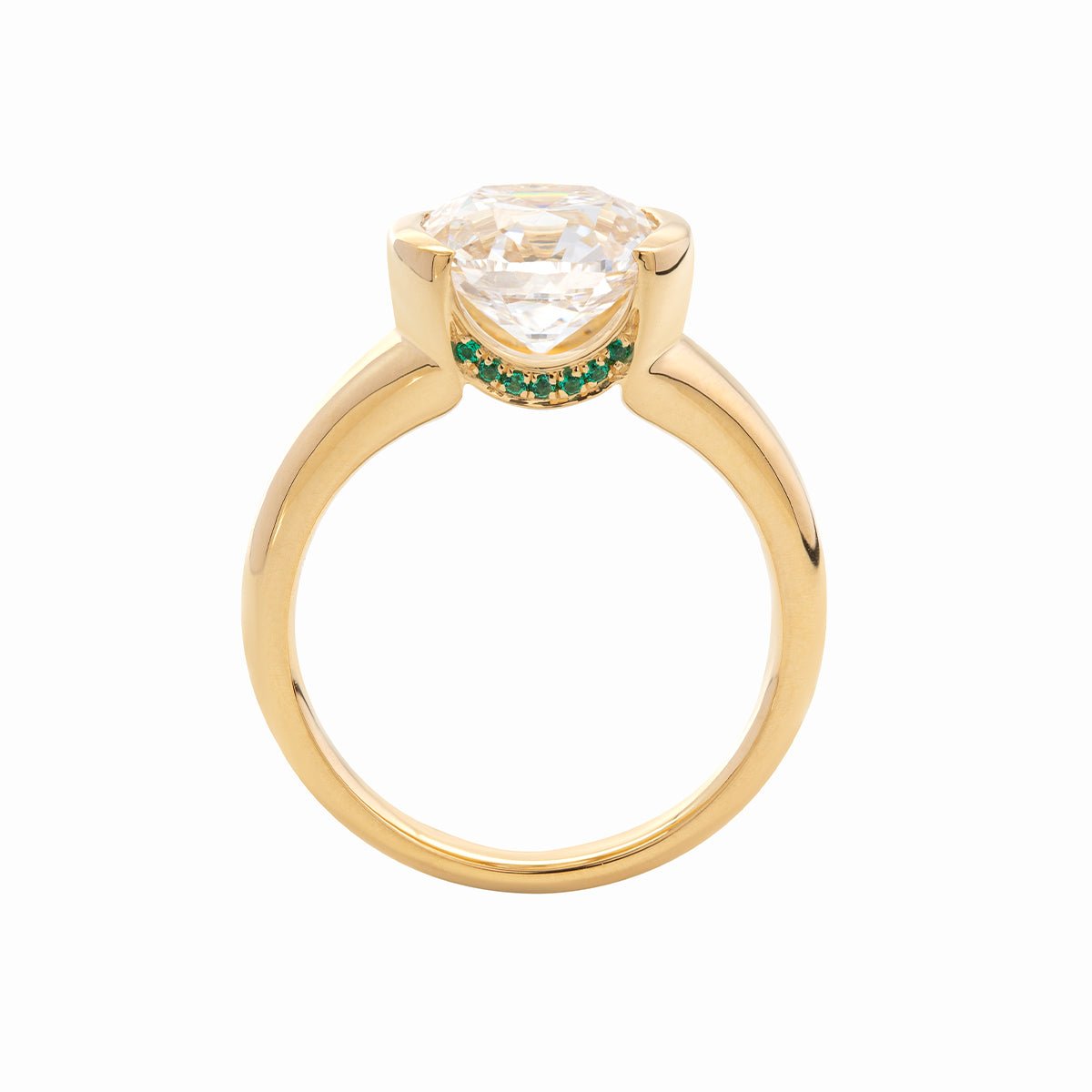 18K Yellow Gold 3.5ct Old Mine Cut Lab Diamond Half Bezel Statement Ring with Hidden Round Lab Emerald Wave Pave - FIORESE JEWELRY