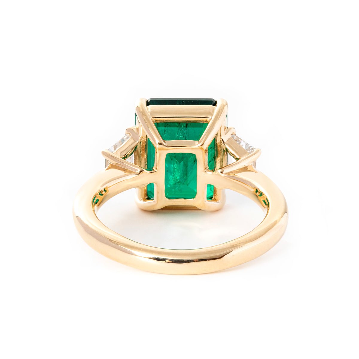 18K Yellow Gold 3ct Lab Emerald Three - stone Ring with Step Cut Trapezoid Lab Diamond Side - stones - FIORESE JEWELRY