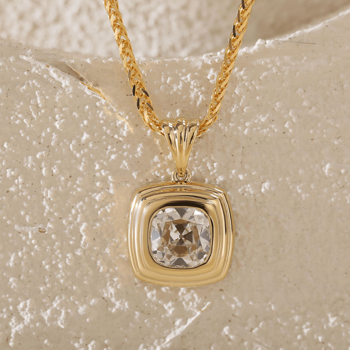 18K Yellow Gold 4ct Old Mine Cut Lab Diamond Flat - topped Stepped Pyramid Pendant Necklace - FIORESE JEWELRY
