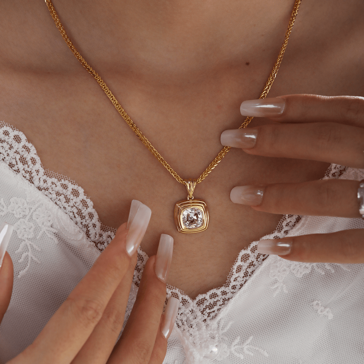 18K Yellow Gold 4ct Old Mine Cut Lab Diamond Flat - topped Stepped Pyramid Pendant Necklace - FIORESE JEWELRY