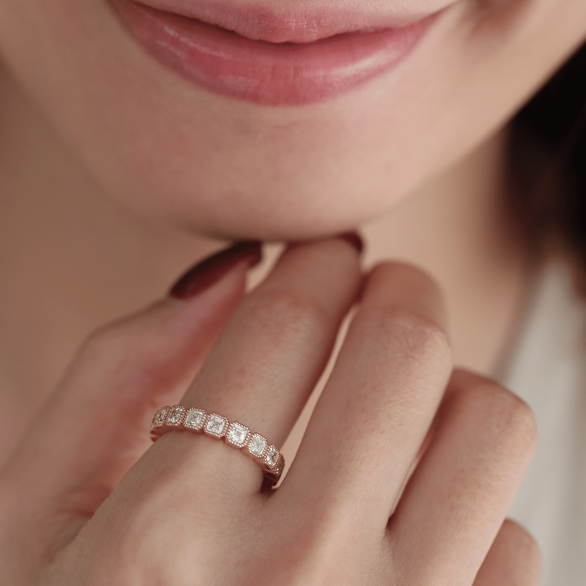 18K Yellow Gold Asscher Cut Lab Diamond Millegrain Bezel Eternity Ring - FIORESE JEWELRY