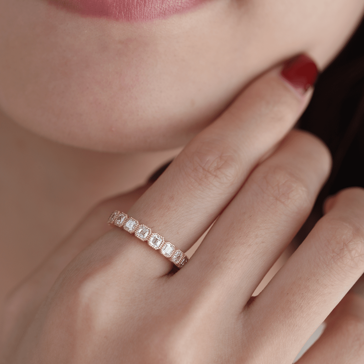 18K Yellow Gold Asscher Cut Lab Diamond Millegrain Bezel Eternity Ring - FIORESE JEWELRY