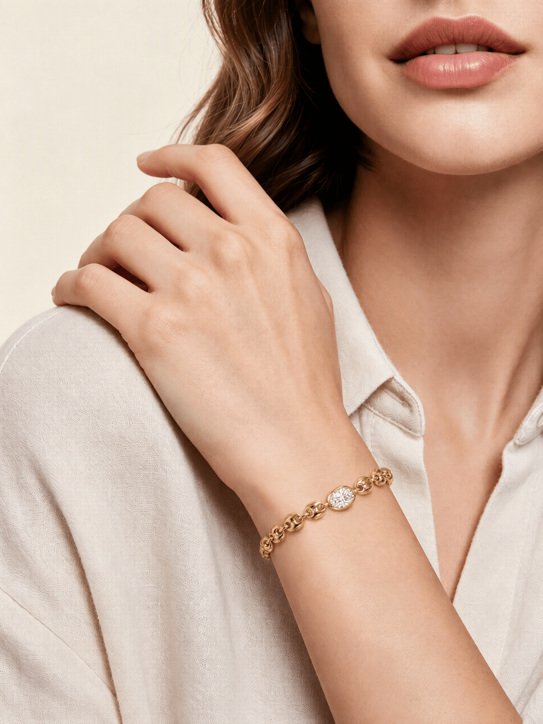 18K Yellow Gold Oval Bezel‑Set Lab‑Grown Diamond Puff Mariner Chain Bracelet - LGG Jewelry