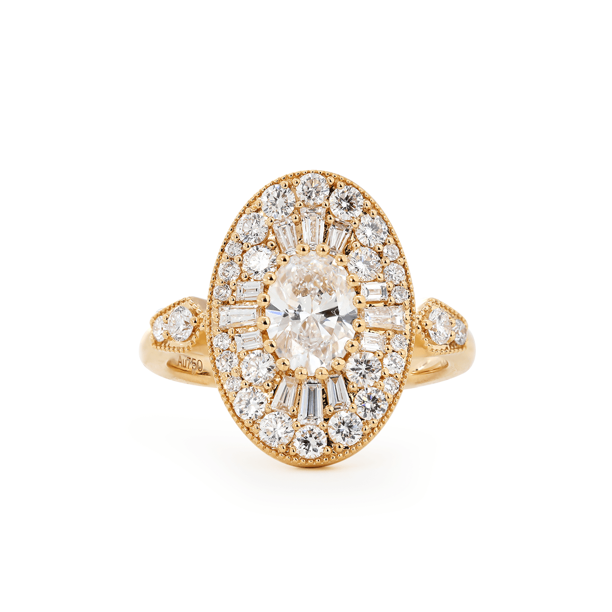 18K Yellow Gold Oval Lab Diamond Millegrain Vintage Style Ring with Round and Tapered Baguette Side - stones Halo - FIORESE JEWELRY