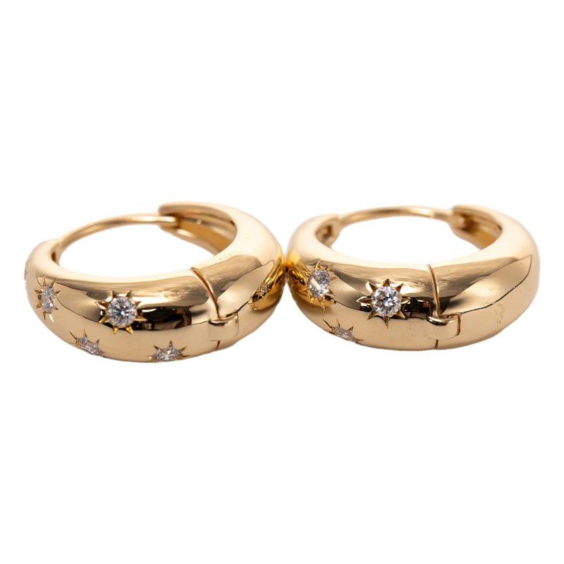 18K Yellow Gold Round Diamond 5 Star Diamond - milling Hoop Earrings - FIORESE JEWELRY