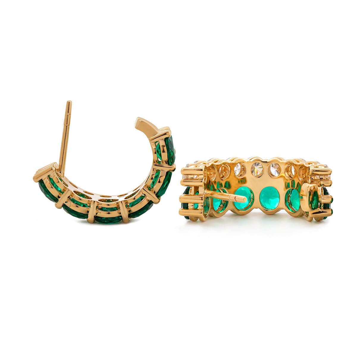 18K Yellow Gold Round Lab Diamond and Round Lab Zambian Emerald Stud Earrings - FIORESE JEWELRY
