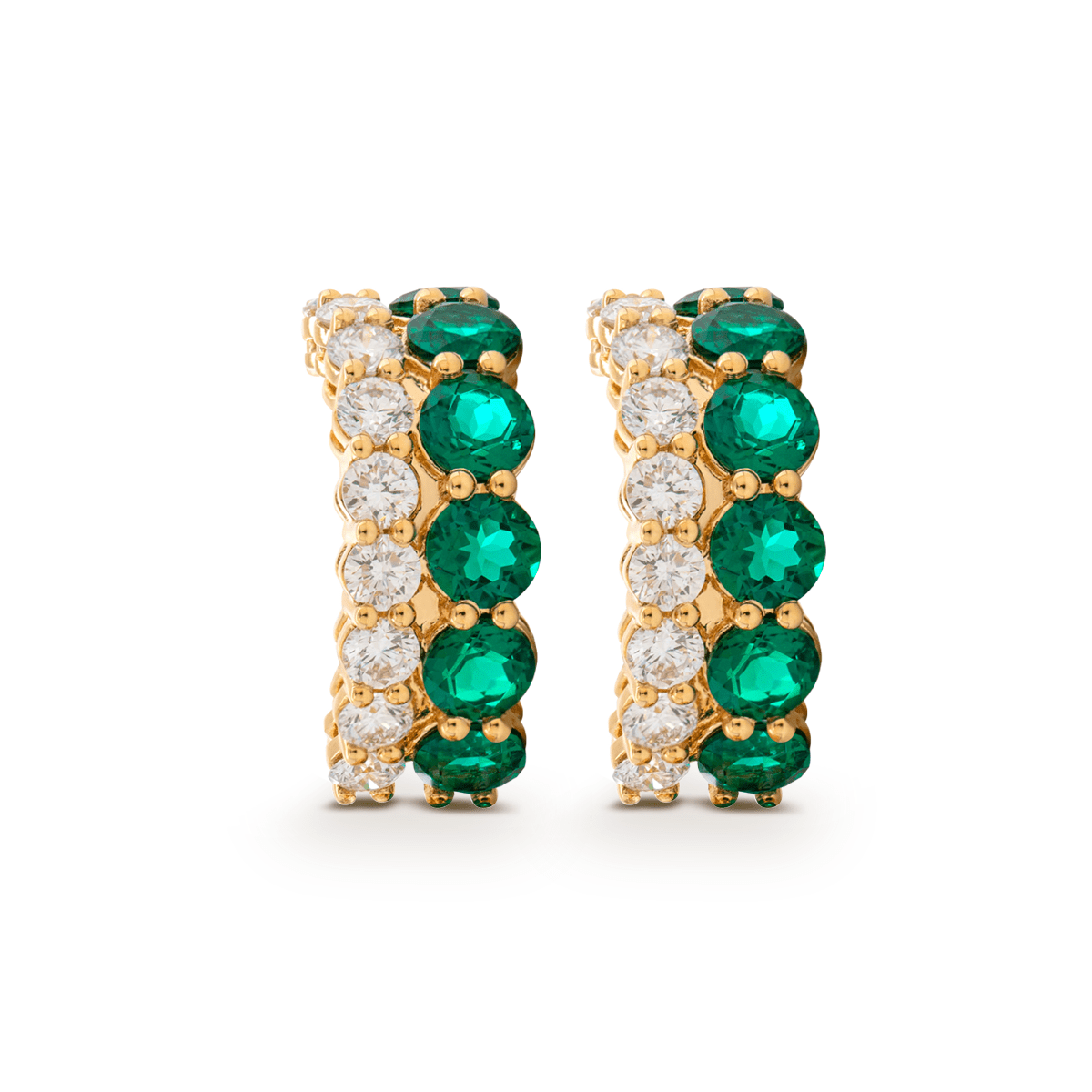 18K Yellow Gold Round Lab Diamond and Round Lab Zambian Emerald Stud Earrings - FIORESE JEWELRY
