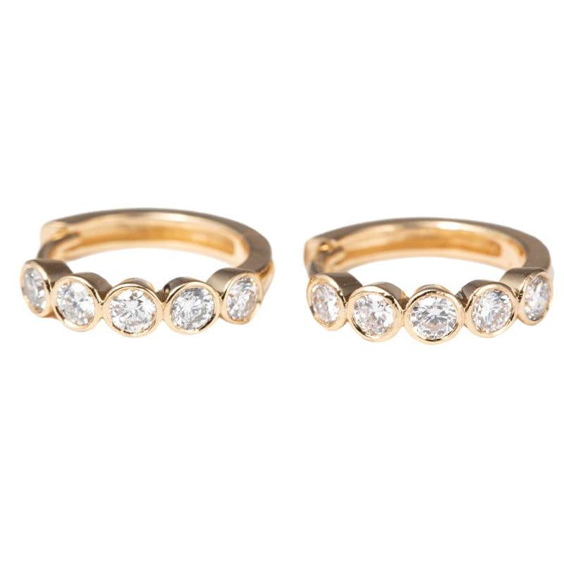 18K Yellow Gold Round Lab Diamond Five - stone Bezel Huggie Earrings - FIORESE JEWELRY