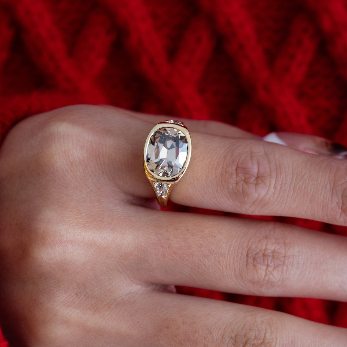 18K Yellow Gold Vintage Ring with 4.51ct Elongated Old Mine Cut Brown Lab Diamond and Old European Side Stones - FIORESE JEWELRY