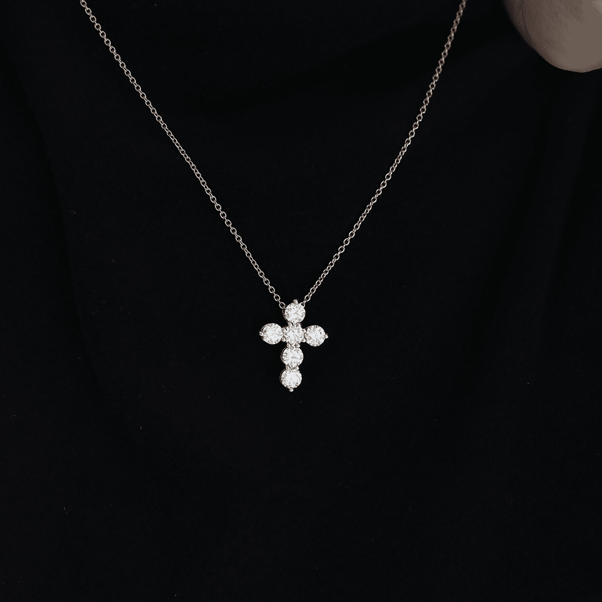18K Yollow Gold Round Lab Diamond 6 - Stone Cross Pendant Necklace - FIORESE JEWELRY