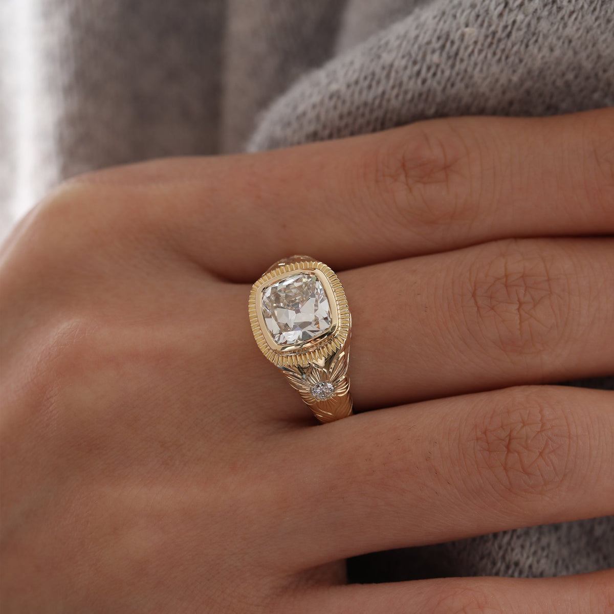 2.33CT Cushion Old Mine Cut Lab Diamond Hand - Engraved Flower Details Bezel Set Ring - FIORESE JEWELRY