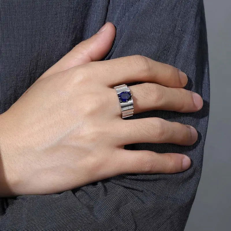 2.5 Ct Oval Shape Lab Blue Sapphire Tension Wedding Ring For Men - LGG Jewelry