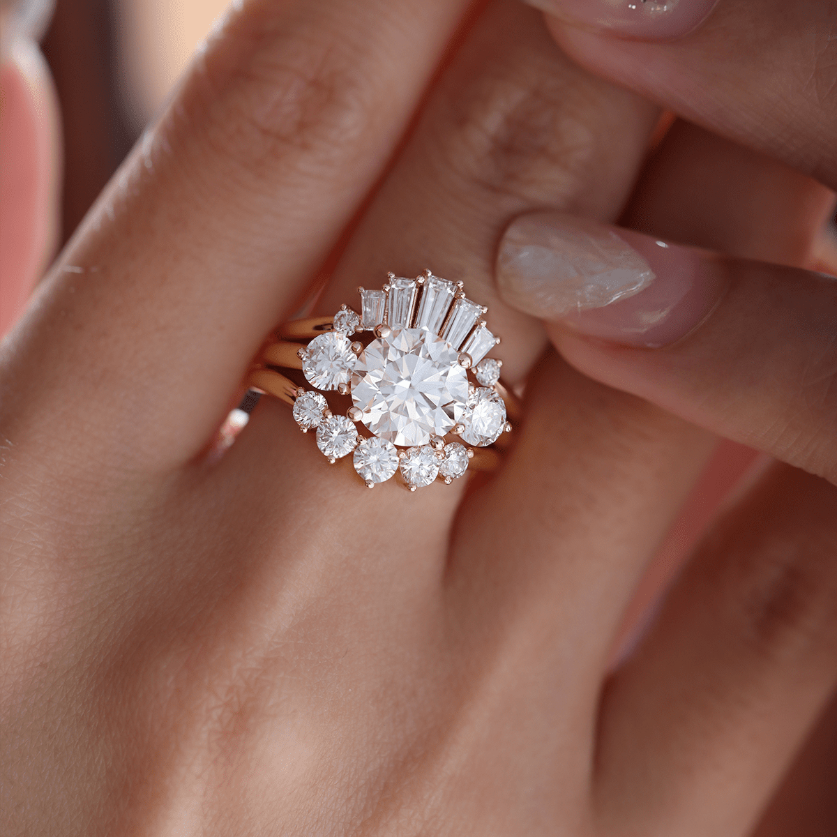 2.5ct Round Lab Diamond Round Prong Basket Three - stone Engagement Ring with Two Ring Enhancers in Bridal Ring Set Design - FIORESE JEWELRY