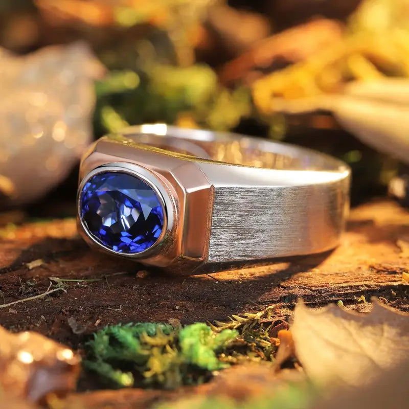 2.64 Ct Oval Shape Lab Blue Sapphire Bezel Wedding Ring For Men - LGG Jewelry