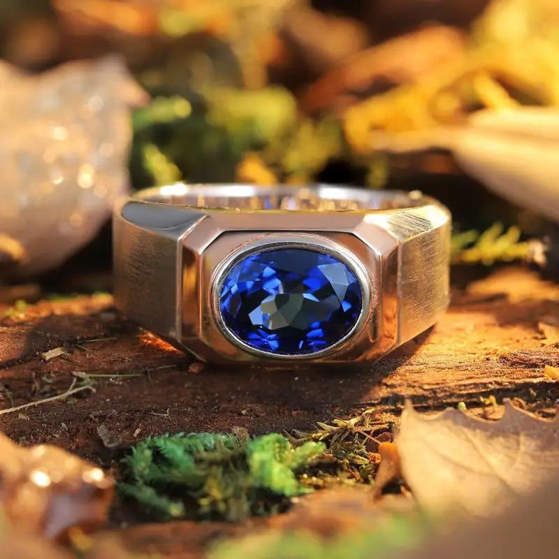 2.64 Ct Oval Shape Lab Blue Sapphire Bezel Wedding Ring For Men - LGG Jewelry