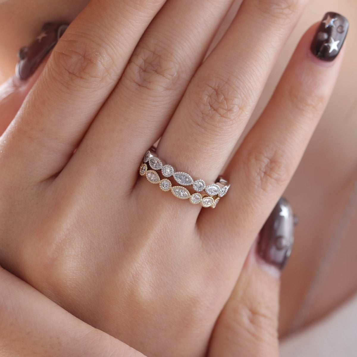 2mm Round and 4*2mm Marquise Cut Lab Diamond Millegrain Bezel Eternity Ring - FIORESE JEWELRY