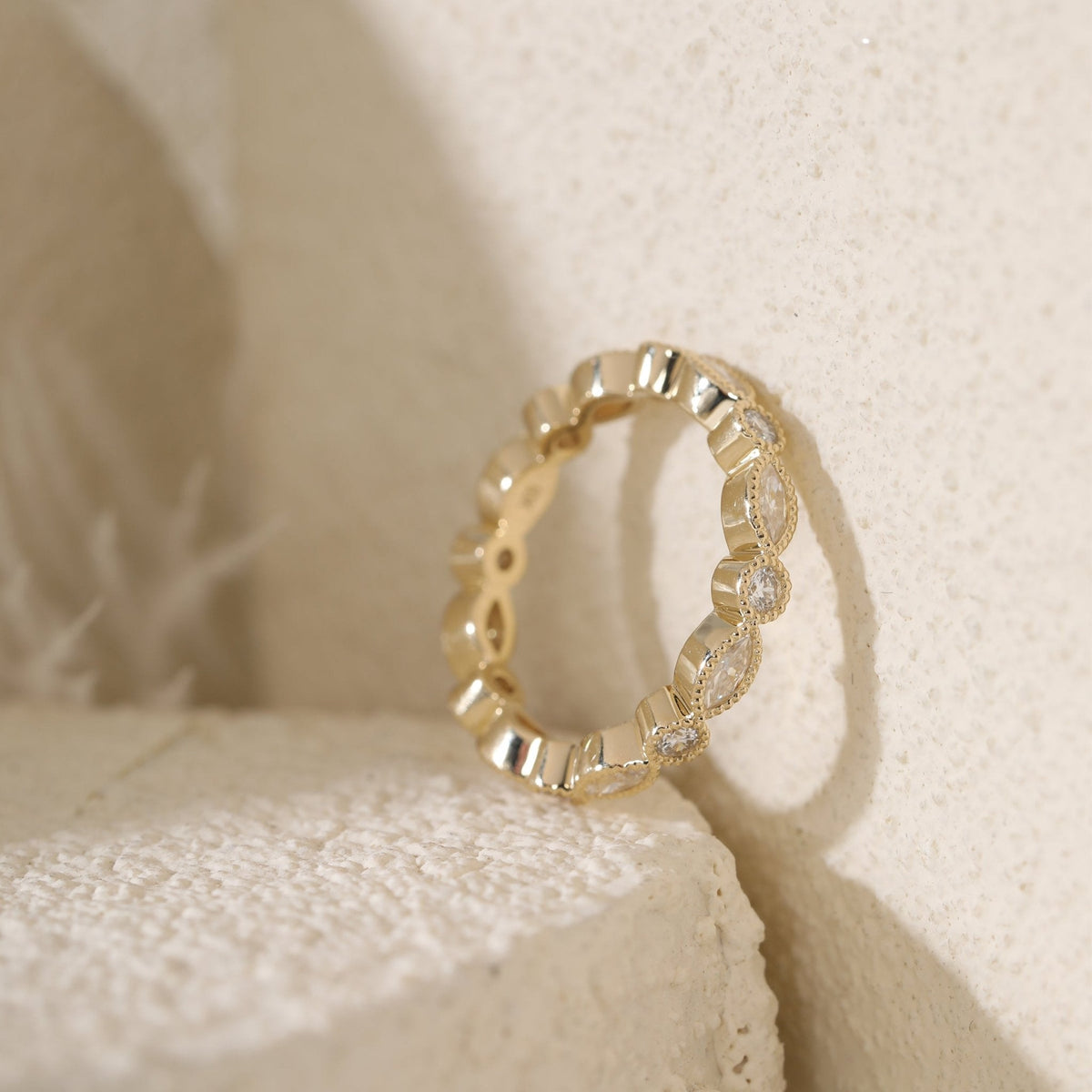 2mm Round and 4*2mm Marquise Cut Lab Diamond Millegrain Bezel Eternity Ring - FIORESE JEWELRY