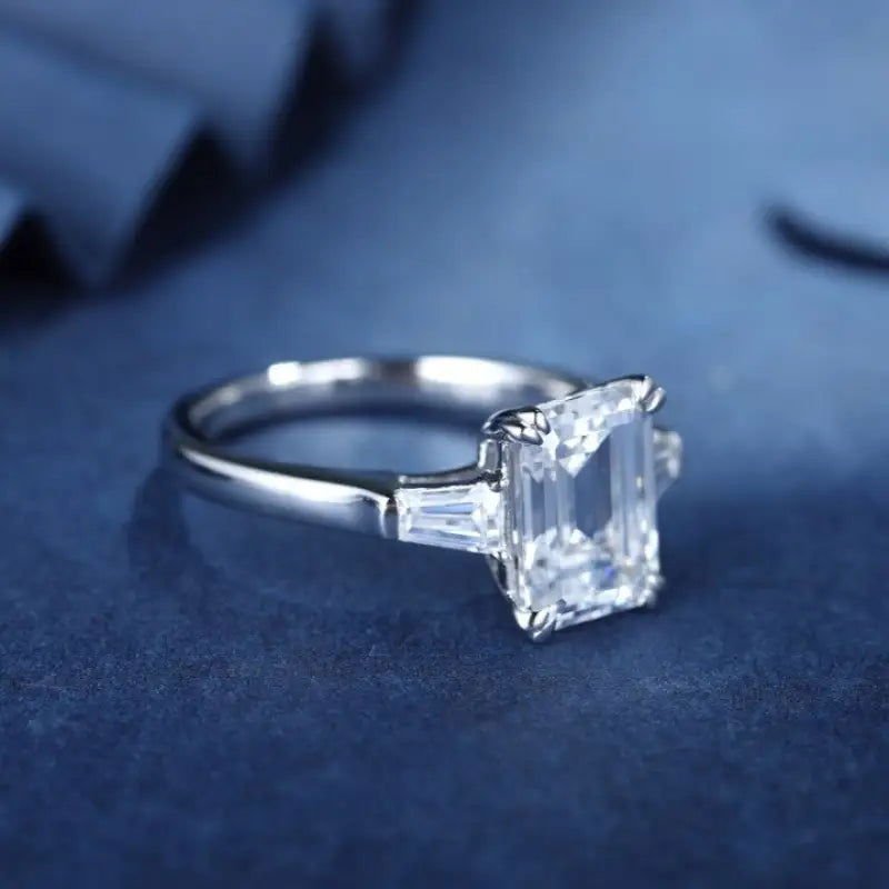 3 Ct Emerald Cut Lab Diamond Three-Stone Engagement Ring with two Tapered Baguette - LGG Jewelry