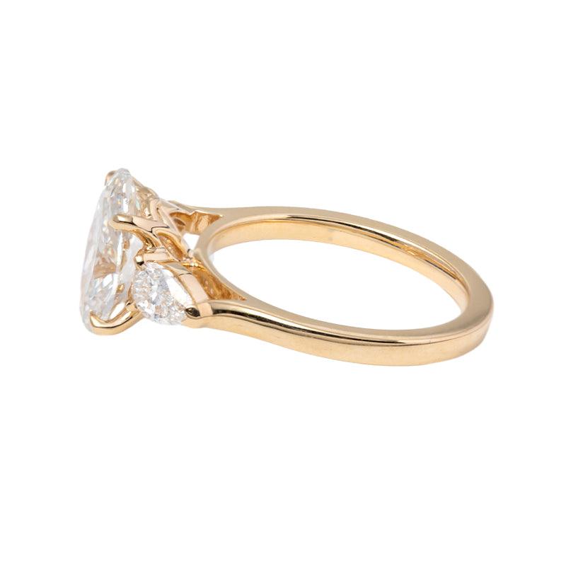 3 CT Oval Cut Lab Diamond 4 - Claw Floral Basket Three - Stone Ring with Pear Side Stones - FIORESE JEWELRY