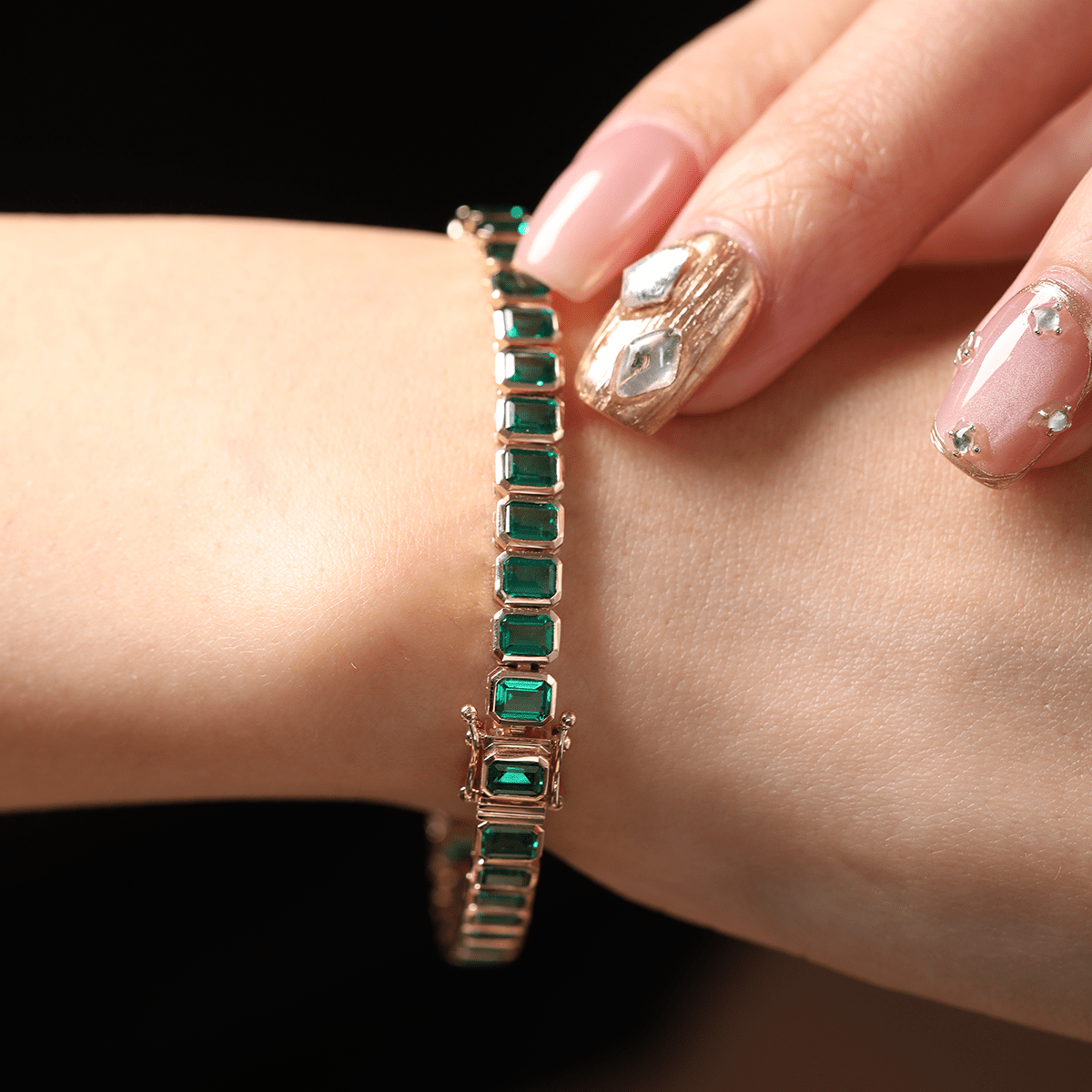 4×3mm Emerald Cut Lab Zambian Emerald Bezel - Set Tennis Bracelet with Box Clasp and Double Safety - FIORESE JEWELRY