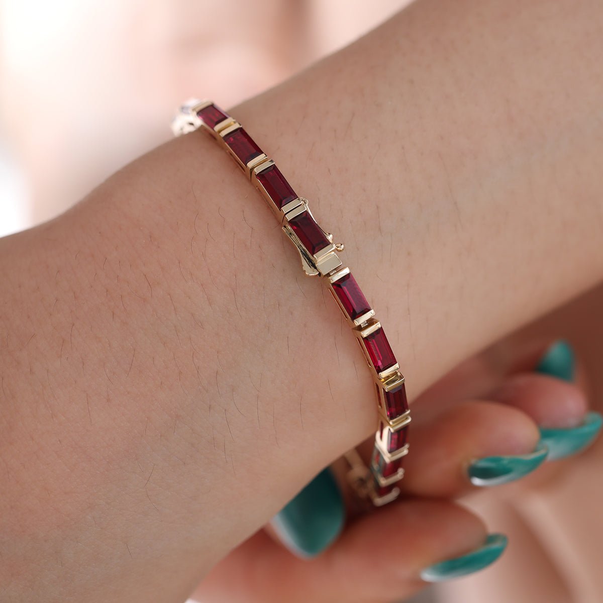 6×3mm Baguette Cut Lab Ruby Half - Bezel Basket Tennis Bracelet - FIORESE JEWELRY