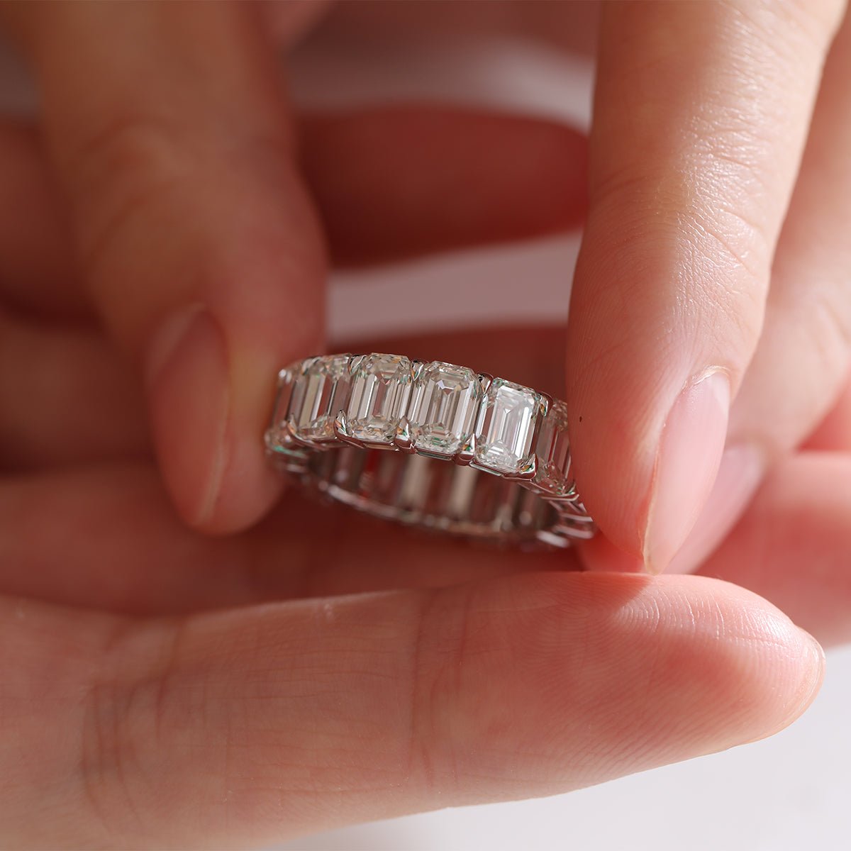 6*4mm Emerald Cut Lab Diamond Shared Claw Prong Basket Eternity Ring - FIORESE JEWELRY