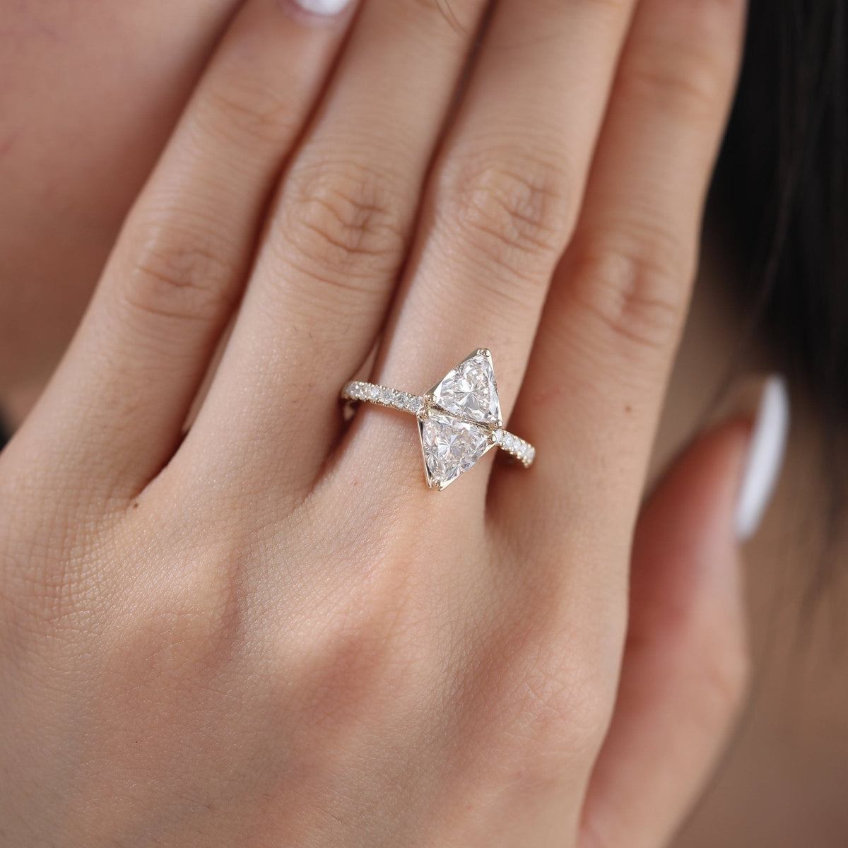 7mm Trillion Cut Lab Diamond Toi et Moi Ring with Half Eternity Pave - FIORESE JEWELRY