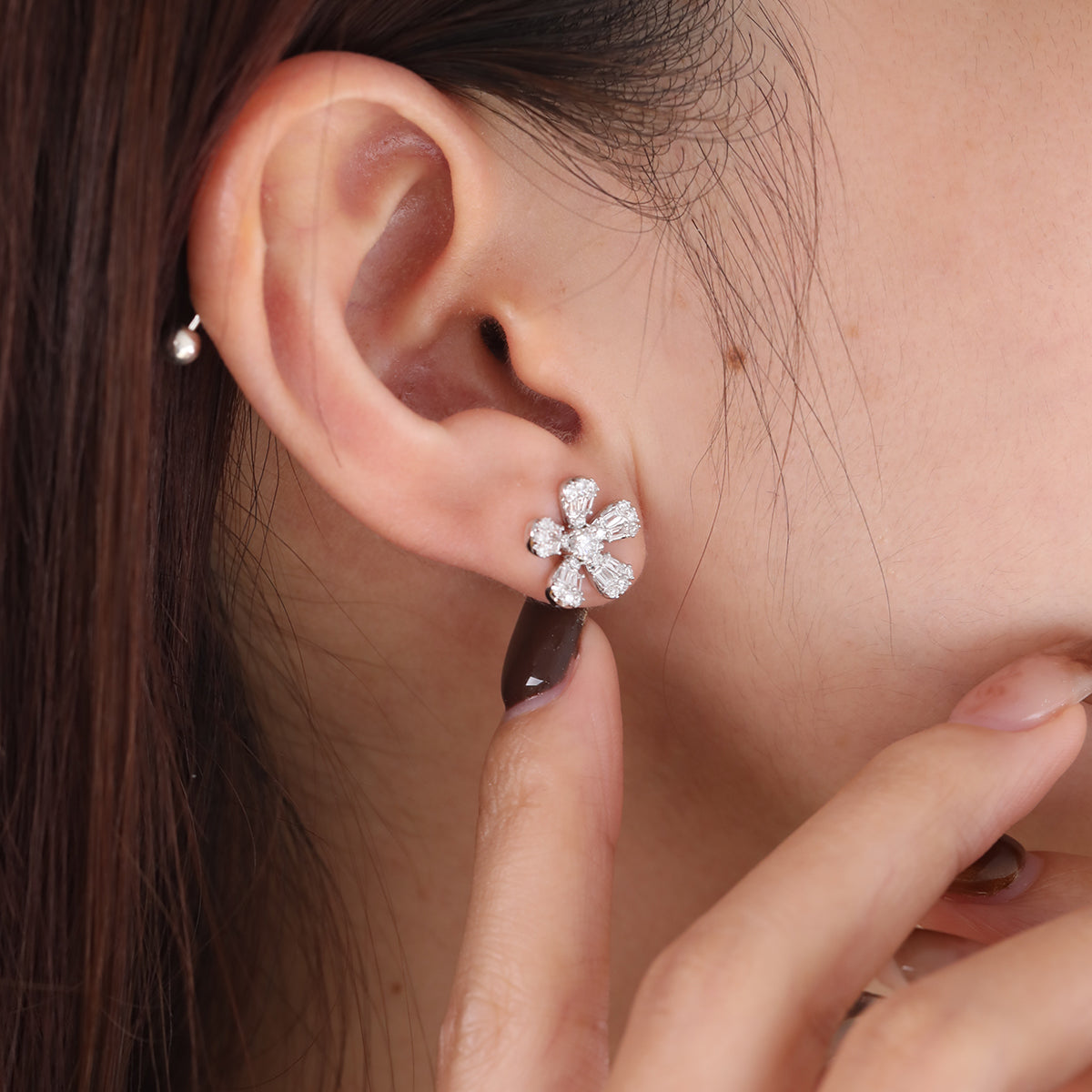 Baguette- and Round-Cut Lab Diamond Flower Stud Earrings