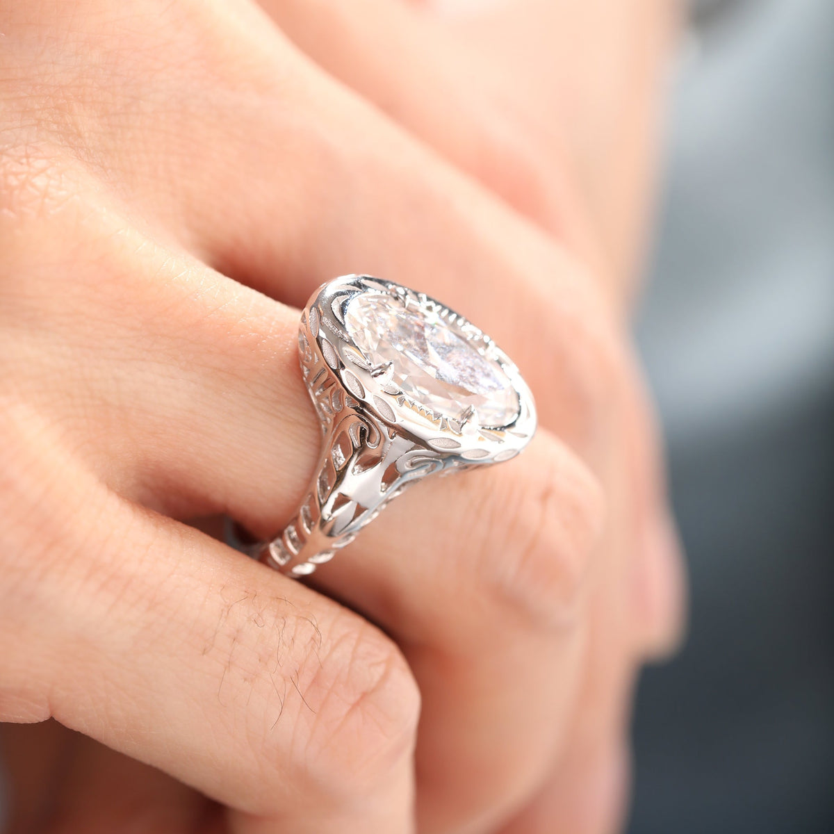 Artique Style Filigree Carved Elongated Oval Lab Diamond Ring - FIORESE JEWELRY
