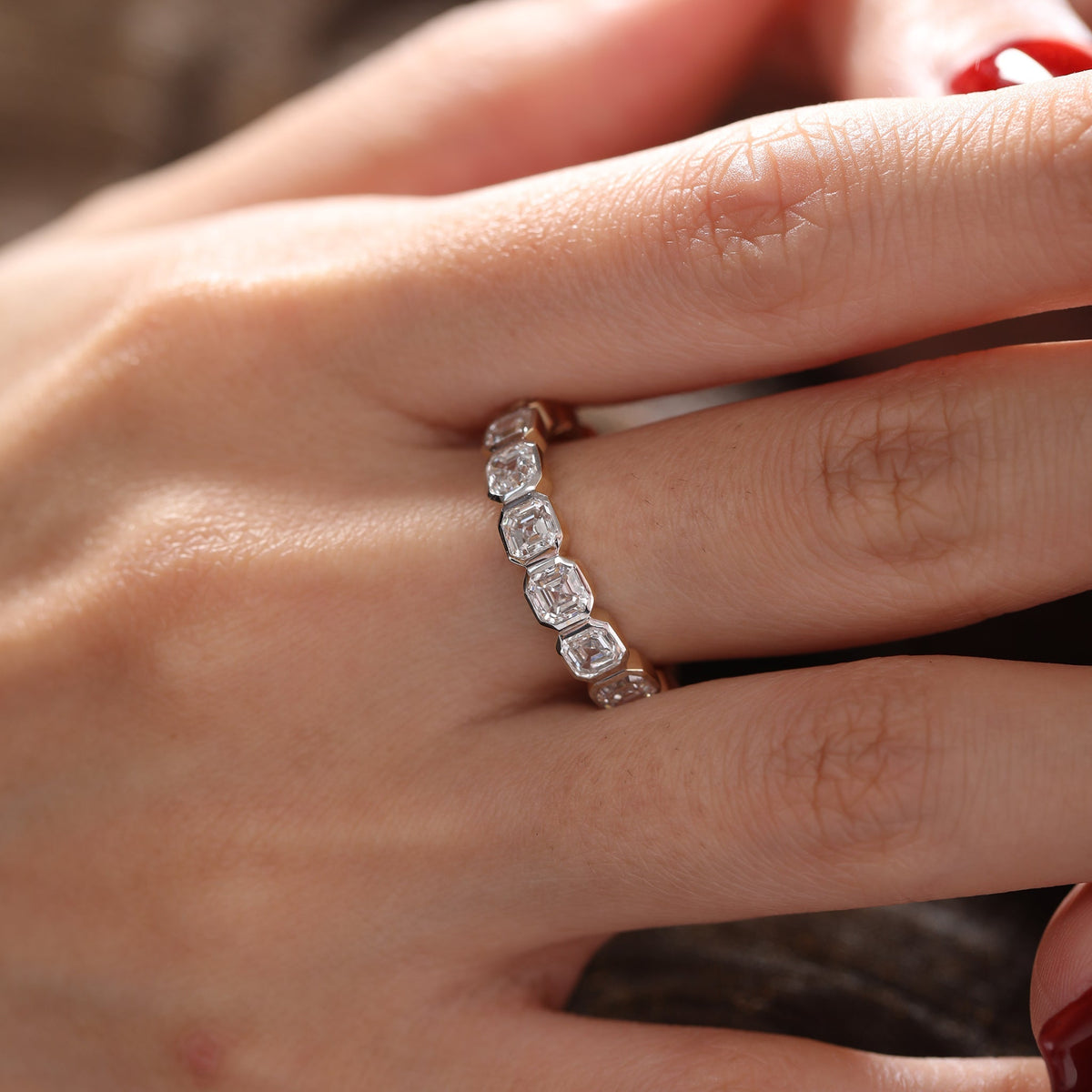 Asscher - Cut Lab Diamond Bezel 2/3 Eternity Ring with Two - Tone Design - FIORESE JEWELRY