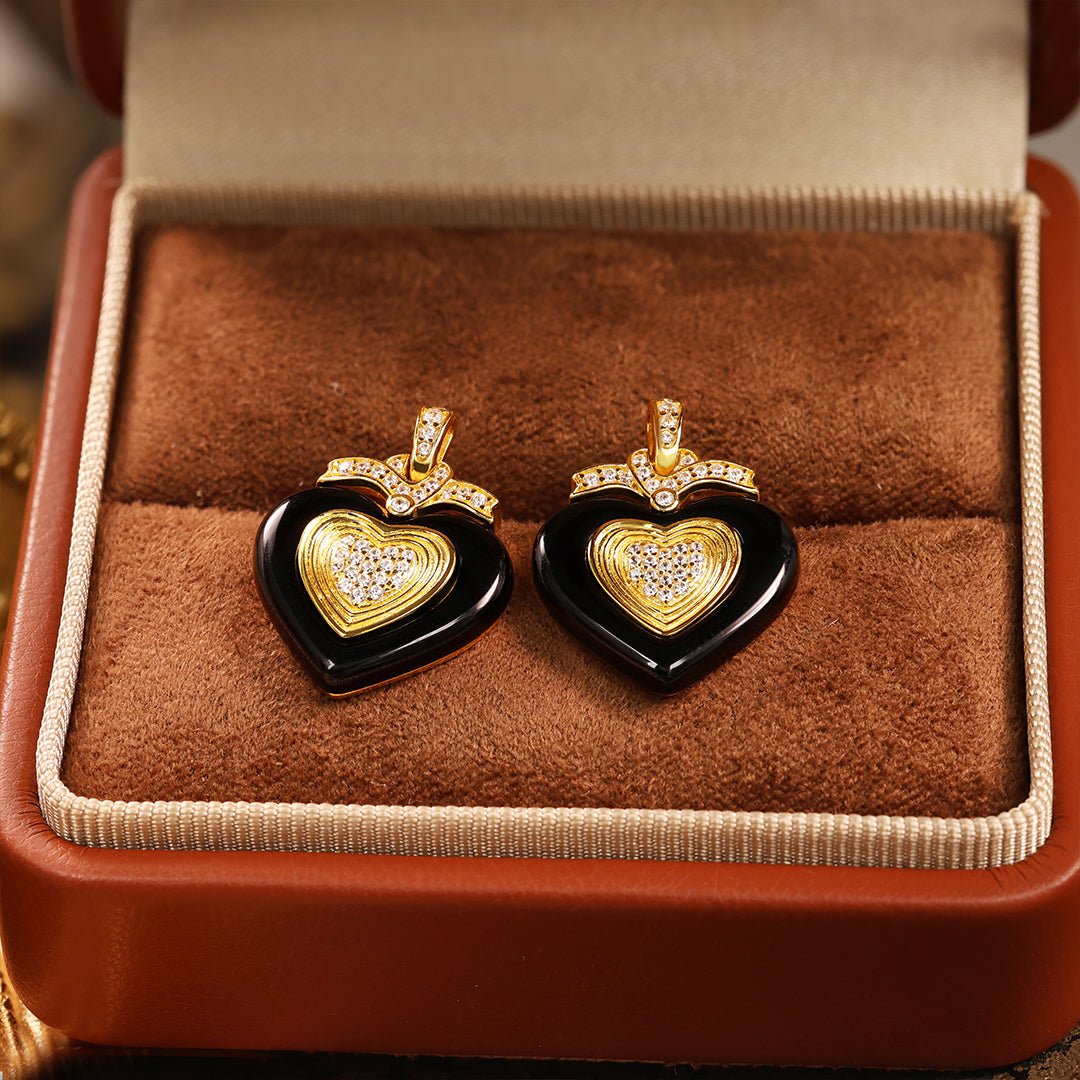 Black Agate Triple Romantic Heart Earrings - LGG Jewelry