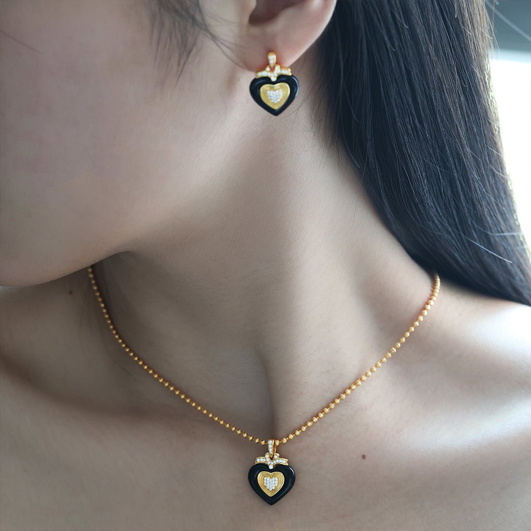 Black Agate Triple Romantic Heart Earrings - LGG Jewelry