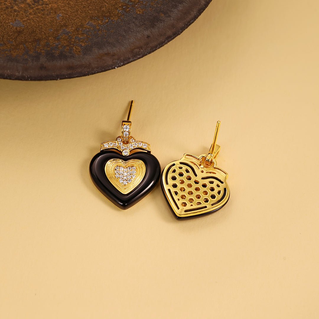 Black Agate Triple Romantic Heart Earrings - LGG Jewelry