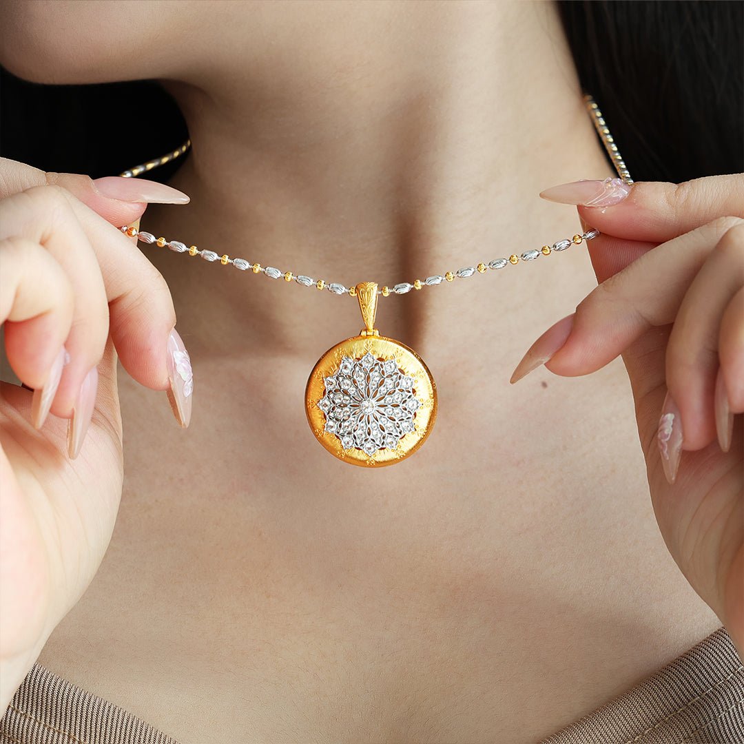 Brushed Gold CZ Antique Filigree Medallion Necklace - LGG Jewelry