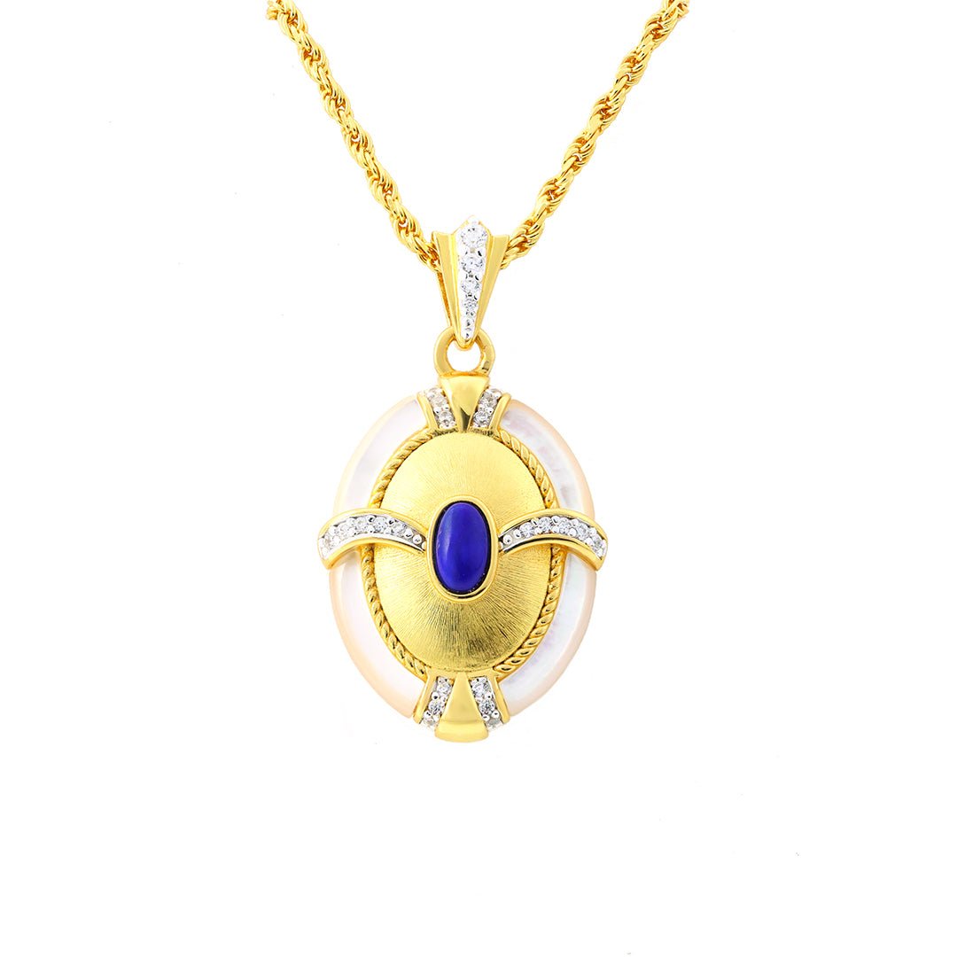 Brushed Gold & Nacre Filled Oval Lapis Lazuli & CZ Pendant Necklace - LGG Jewelry