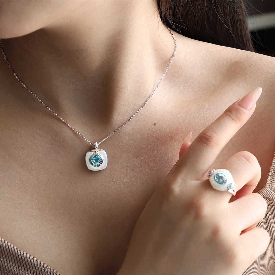 Cushion Blue Topaz & Nacre Pendant Necklace - LGG Jewelry