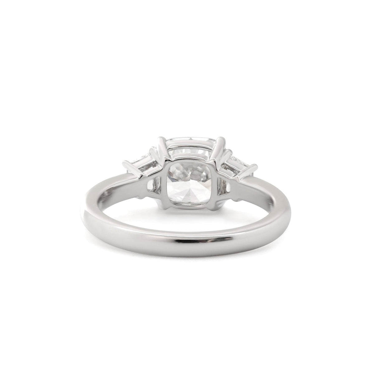 Cushion Brilliant - Cut Lab Diamond Three - Stone Engagement Ring with 4 - Claw Prong Basket Setting and Brilliant - Cut Trapezoid Side Stones - FIORESE JEWELRY