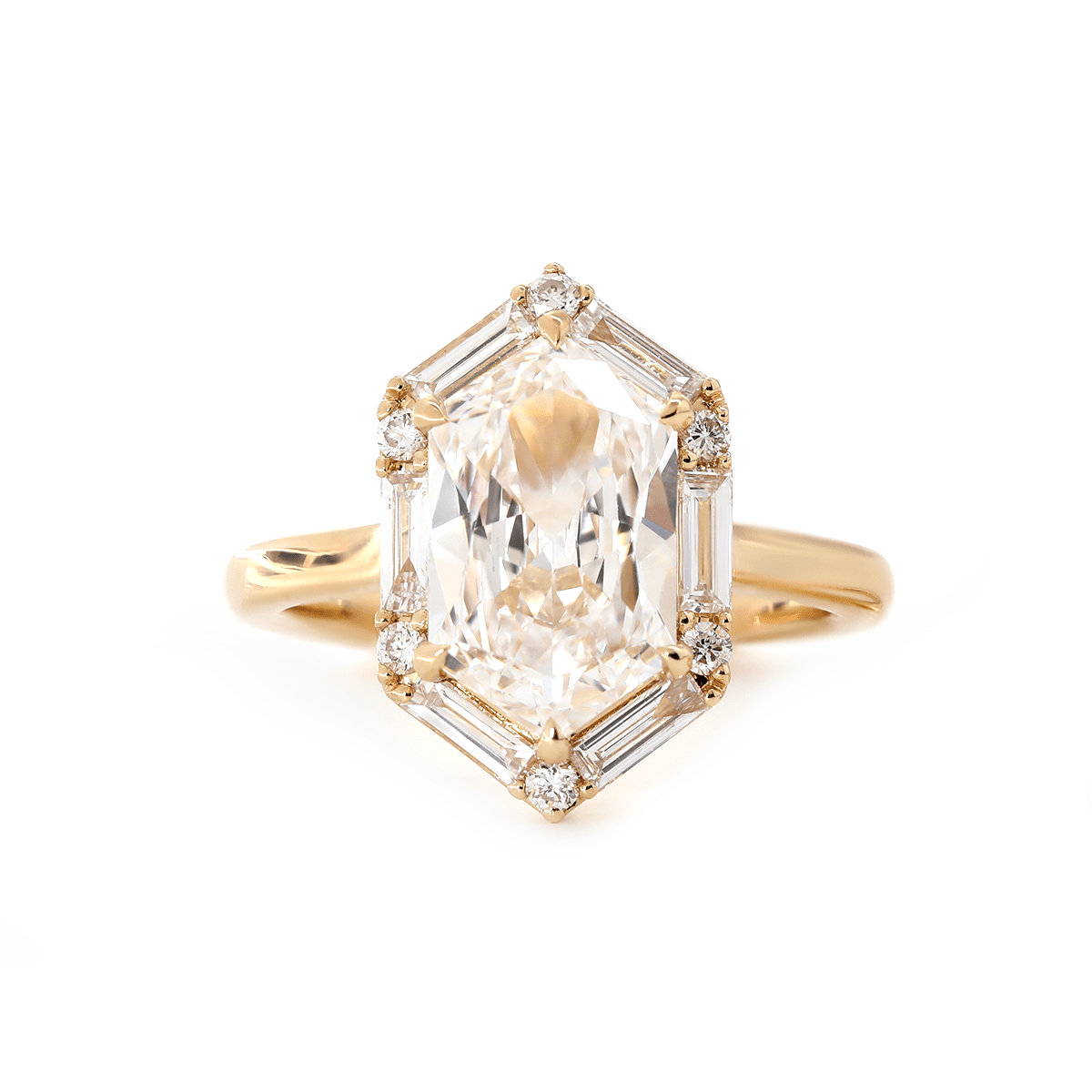 Duchess Cut Elongated Hexagonal Lab Diamond Ring with Baguette and Round Diamond Halo - FIORESE JEWELRY