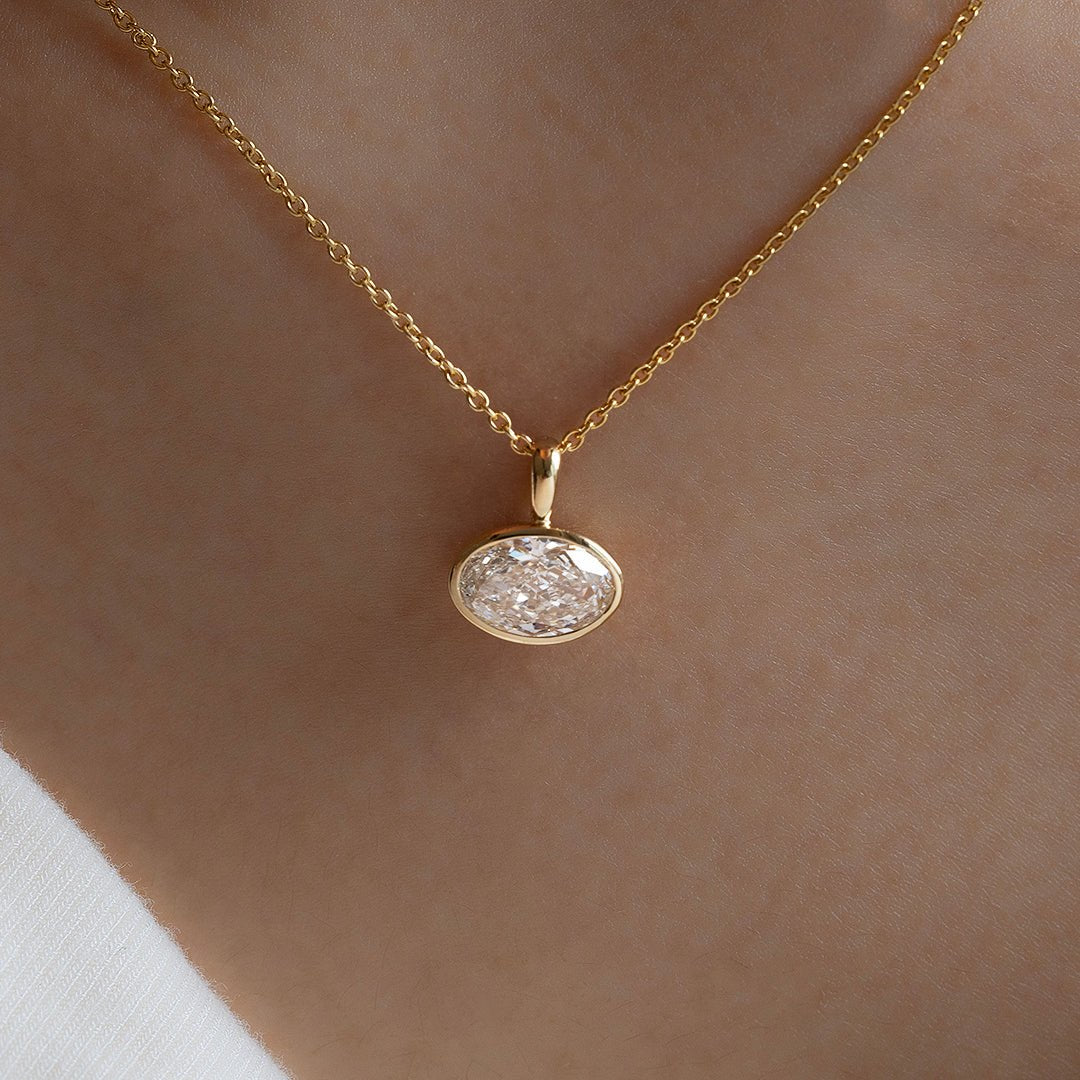 East-west 2 Ct Oval Cut Lab Diamond Bezel Pendant Necklace - LGG Jewelry