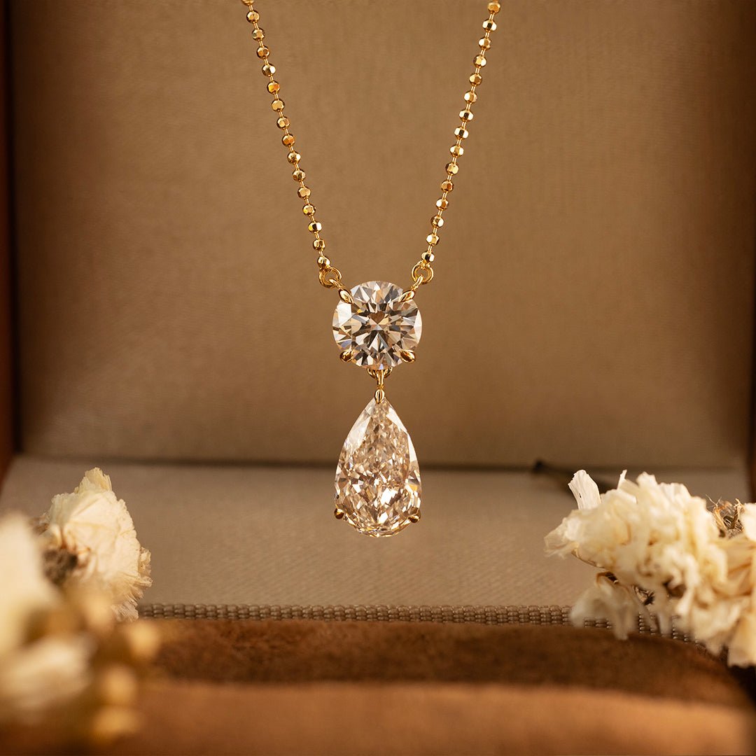 Elegant 1 Ct Round Cut & 2 Ct Pear Cut Drop Pendant Necklace - LGG Jewelry