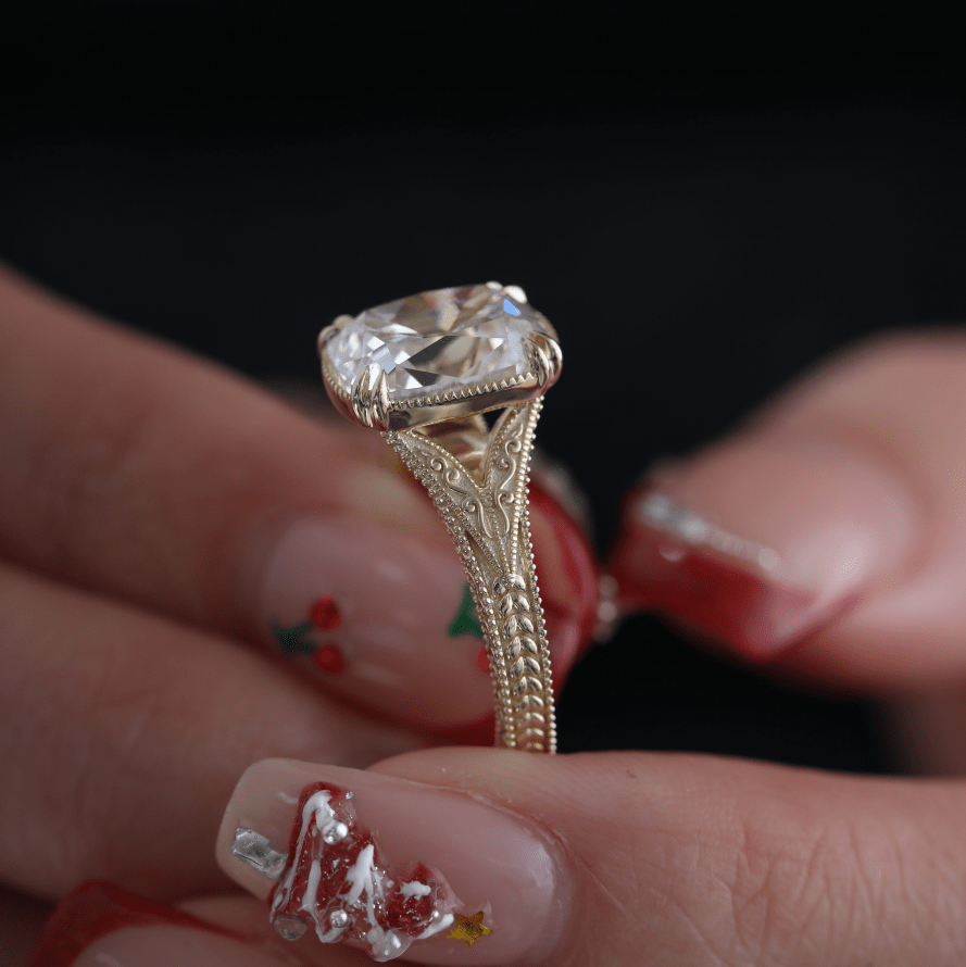 Elongated Old Mine-Cut Lab Diamond Antique-Inspired Ring - FIORESE JEWELRY
