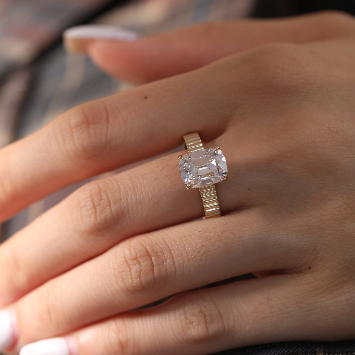 Elongated Old Mine - Cut Lab Diamond Ring with Four - Claw Basket Setting and Round Lab Diamond Hidden Halo - FIORESE JEWELRY